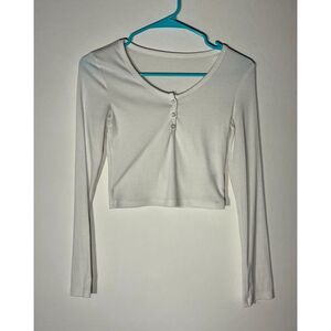 Dazy Women’s Small White Long Sleeve Button Front Crop Top Stretch Henley Tee
